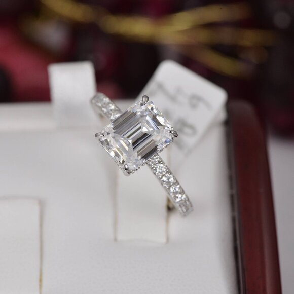 Certified 4.6ct Emerald Cut with Hidden Halo Moissanite Ring 925 Sterling - Picture 16 of 16